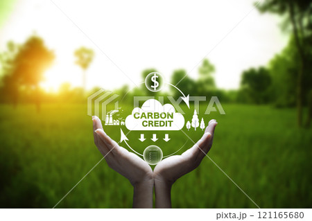 Carbon Credit Market and Net Zero. Carbon credit icon in hand on nature green background. There is increased investment in carbon trading markets. Environmental protection, energy neutral. Carbon Credit Market and Net Zero. Carbon credit icon in hand on nature green background. There is increased investment in carbon trading markets. Environmental protection, energy neutral. 121165680