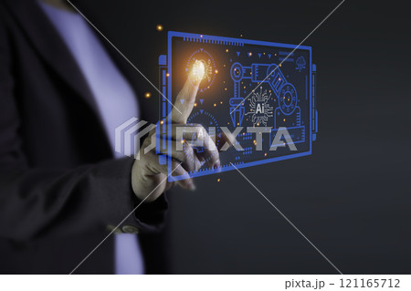 Ai technology analysis concept, hand point to Using AI technology to control automatic machines Touchscreen control panel. AI technology is important in developing the world. 121165712