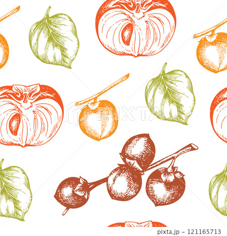 Vintage seamless pattern with persimmon fruits and leaves. Vintage seamless pattern with persimmon fruits and leaves. 121165713