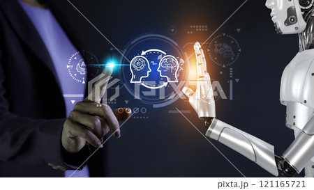 AI, Machine learning language, Robotic hand and human touch global virtual represents the exchange of artificial intelligence brains with humans. Exchange of human thoughts. AI technology essential. 121165721