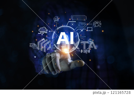 artificial intelligence (AI) data analysis concept, hand pointing to AI icon. technology to control automatic. AI technology Machine learning for data analysis and management. 121165728