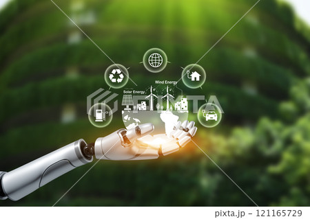 Net zero concept, robot hand touching green energy icon represents exchange of artificial intelligence. AI technology Machine learning for data analysis management for carbon and Net zero emission. 121165729