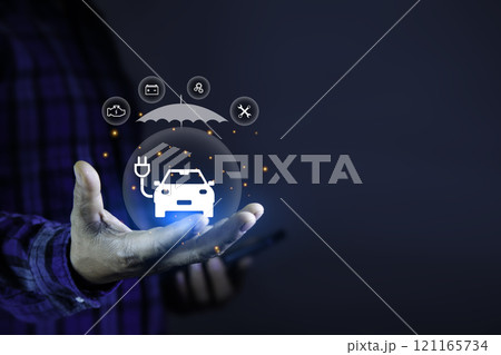 insurance EV Car concept. Increase in insurance premiums. Rising interest rates on electric cars, housing. Protecting electric cars. Car EV icon on businessman's hand. 121165734
