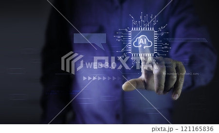 Ai technology analysis, hand point to AI icon network. AI technology Machine learning for data analysis and management, Data analysis using artificial intelligence is essential. Futuristic technology 121165836