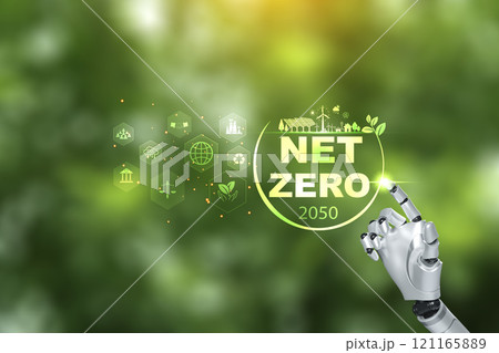 Net zero concept, robot hand touching net zero icon. artificial intelligence technology for green energy. AI technology Machine learning for data analysis management for carbon and Net zero emission. 121165889