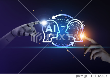 artificial intelligence Machine learning concept. Robot hand and business hand pointing to AI icon. With artificial intelligence machine learning language. AI technology Machine learning management. 121165893