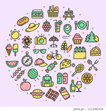 Picnic Party with Barbecue Grill Sign Round Design Template Color Thin Line Icon Banner. Vector Picnic Party with Barbecue Grill Sign Round Design Template Color Thin Line Icon Banner. Vector 121166324