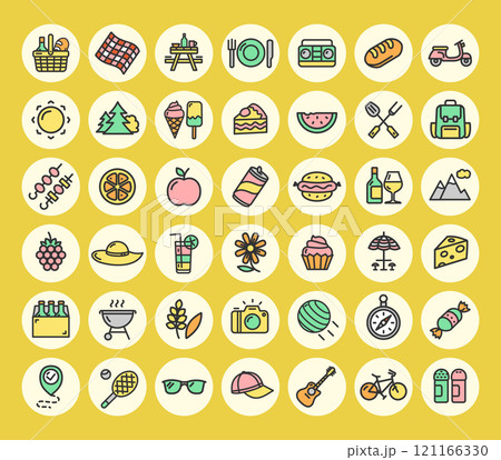 Picnic Party with Bbq Sign Color Circles Thin Line Icon Set. Vector Picnic Party with Bbq Sign Color Circles Thin Line Icon Set. Vector 121166330