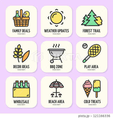 Picnic Party Concept Sign Color Thin Line Icon Labels Set. Vector Picnic Party Concept Sign Color Thin Line Icon Labels Set. Vector 121166336