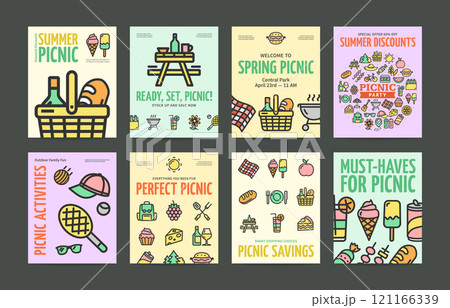 Picnic Party with Bbq Concept Vertical Invitation Placard Poster Banner Card Template Set. Vector Picnic Party with Bbq Concept Vertical Invitation Placard Poster Banner Card Template Set. Vector 121166339