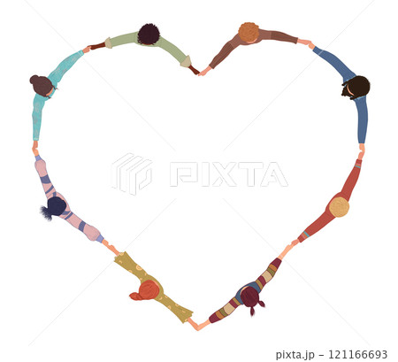 Chain of a group of multicultural isolated people seen from above holding hands and forming a heart shape.Community of volunteers or friends. Inclusion.Cooperation teamwork.Top View 121166693