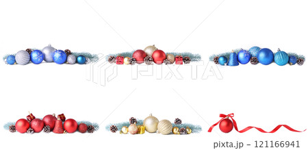 Set of gold Christmas balls with decor isolated on white 121166941