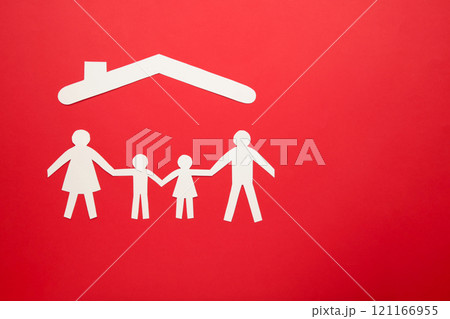 Happy paper family with roof on red background with copy space. Family day 121166955