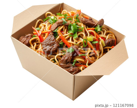 Paper Box with Noodles with Beef 121167098
