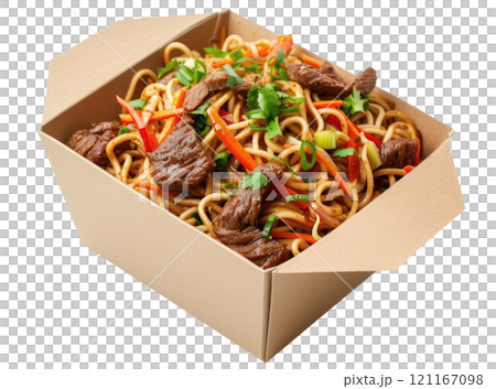 Paper Box with Noodles with Beef 121167098