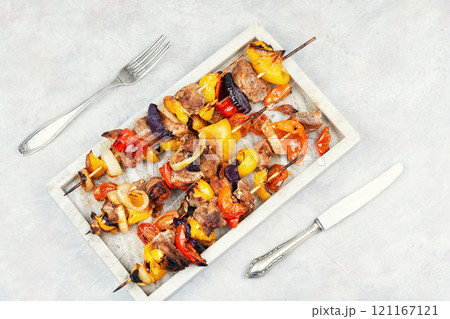 Delicious meat kebabs on skewers. 121167121