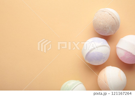 Flat lay composition with bath bombs on beige background Flat lay composition with bath bombs on beige background 121167264