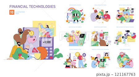 Financial Technologies set. Digital payment methods, cryptocurrency, and online banking education depicted in colorful vectors. Vector illustration. 121167763