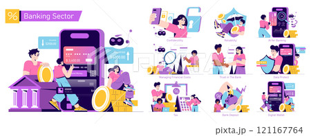 Banking Sector set. Essential financial services and customer interactions. Secure transactions, managing costs, and digital banking tools. Vector illustration. Banking Sector set. Essential financial services and customer interactions. Secure transactions, managing costs, and digital banking tools. Vector illustration. 121167764