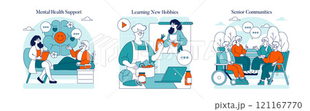 Senior Lifestyle set. Active elderly engaging in therapy, learning cooking, and social interaction. Fulfilling retirement through wellness and community. Vector illustration. Senior Lifestyle set. Active elderly engaging in therapy, learning cooking, and social interaction. Fulfilling retirement through wellness and community. Vector illustration. 121167770