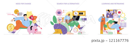 Career Transition set. Depicting stages from realizing the need for change, exploring job options, to learning new skills. Concept of personal growth and adaptability. Vector illustration. Career Transition set. Depicting stages from realizing the need for change, exploring job options, to learning new skills. Concept of personal growth and adaptability. Vector illustration. 121167776
