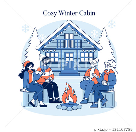Hello Winter concept. Friends gather by a fire outside a snowy cabin, embracing the warmth and joy of the season. Outdoor bonding, wood home, chilly weather comfort. Vector illustration. 121167789