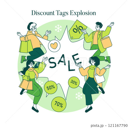 Green Monday concept. Euphoric shoppers celebrate with discount tags amidst a sale event. Discount explosion, joyful spending spree, retail therapy. Vector illustration. Green Monday concept. Euphoric shoppers celebrate with discount tags amidst a sale event. Discount explosion, joyful spending spree, retail therapy. Vector illustration. 121167790