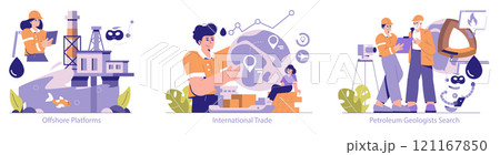 Oil and gas industry set. Exploration, trade, and extraction processes. Offshore rig, global markets, and geological survey. Vector illustration. Oil and gas industry set. Exploration, trade, and extraction processes. Offshore rig, global markets, and geological survey. Vector illustration. 121167850