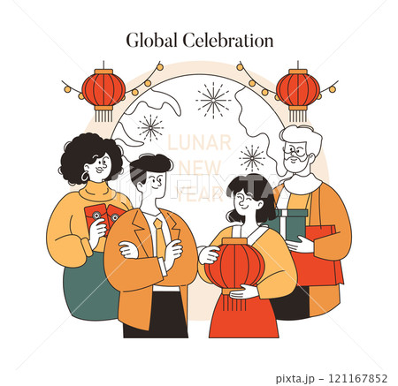 Lunar New Year concept. Multigenerational family celebrating with traditional decorations and gifts. Joyful reunion and festive mood. Vector illustration. Lunar New Year concept. Multigenerational family celebrating with traditional decorations and gifts. Joyful reunion and festive mood. Vector illustration. 121167852