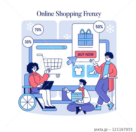 Super Saturday concept. Shoppers enjoying online deals during a sales event with visible discounts and a festive atmosphere. Vector illustration. Super Saturday concept. Shoppers enjoying online deals during a sales event with visible discounts and a festive atmosphere. Vector illustration. 121167855