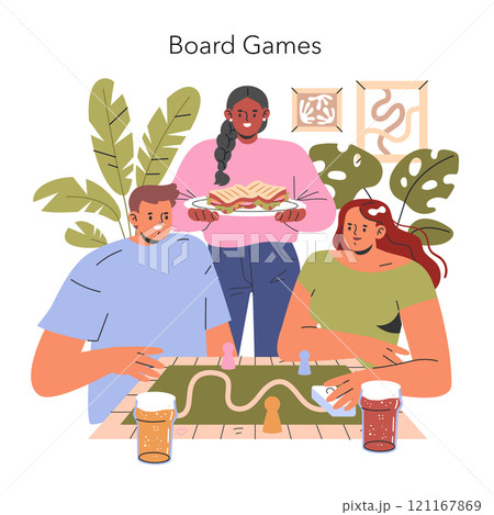 Indoor Leisure concept. Friends gathered for board games, enjoying snacks and drinks, in a cozy room with houseplants. Vector illustration. 121167869
