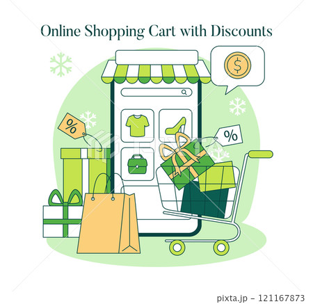 Green Monday concept. Digital cart loaded with gifts hinting at online shopping deals. Winter sale allure, eco-friendly spending trend. Vector illustration. 121167873