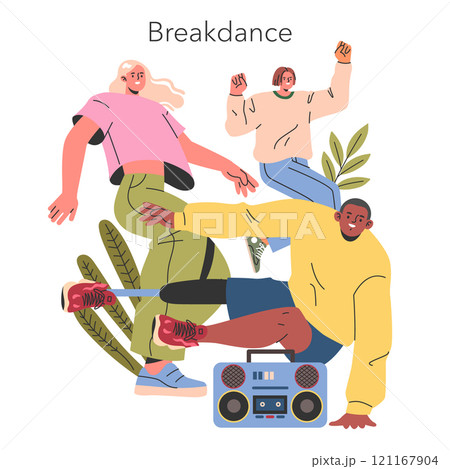 Breakdance concept. Two men and a woman performing street dance moves with a boombox. Urban hip-hop culture and dynamic dance skills. Vector illustration. 121167904