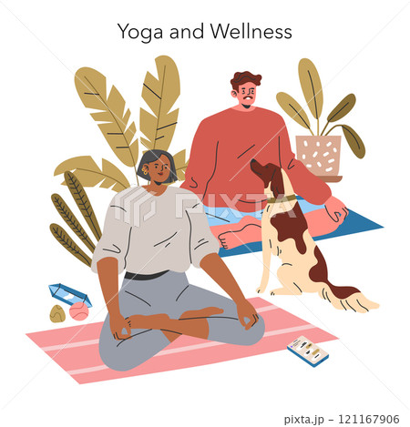 Millennial Hobbies concept. Two adults engaging in yoga with a playful dog, surrounded by peaceful home elements. Modern wellness and relaxation scene. Vector illustration. Millennial Hobbies concept. Two adults engaging in yoga with a playful dog, surrounded by peaceful home elements. Modern wellness and relaxation scene. Vector illustration. 121167906