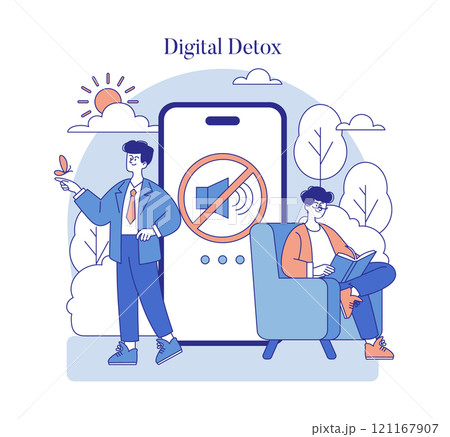 Digital Detox concept. Individuals engaging in outdoor activity and reading, away from digital devices, for mental health. Vector illustration. 121167907