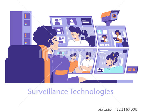 Surveillance Technology concept. Security personnel monitor multiple screens for safety. Real-time observation, crime prevention, and team coordination. Vector illustration. 121167909