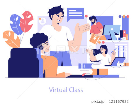 Edtech concept. A virtual classroom scene with engaged students and a teacher interacting through computer screens. Remote learning in action. Vector illustration. Edtech concept. A virtual classroom scene with engaged students and a teacher interacting through computer screens. Remote learning in action. Vector illustration. 121167922
