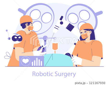 HealthTech concept. Surgeons with advanced robotic equipment performing surgery. Precision medicine and futuristic healthcare innovation. Vector illustration. HealthTech concept. Surgeons with advanced robotic equipment performing surgery. Precision medicine and futuristic healthcare innovation. Vector illustration. 121167930