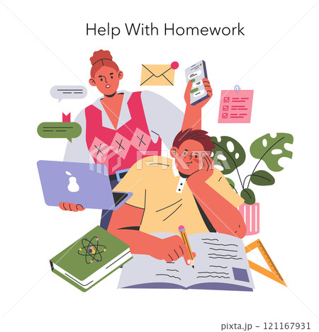 Working mom life concept. Multitasking mother assists with homework while managing work tasks. Balancing parenting and professional roles. Vector illustration. 121167931