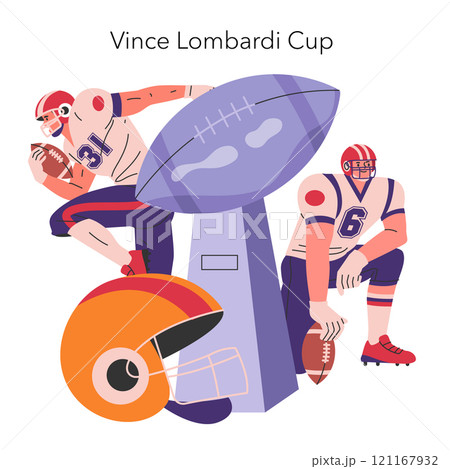 Super Bowl concept. Players in proactive poses with iconic trophy and gear, representing the anticipation and spirit of the game. Vector illustration. 121167932