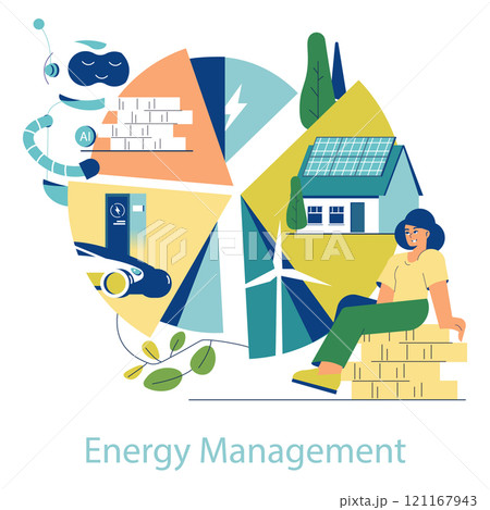 Electrification concept. Home powered by renewable energy with solar panels and wind turbine. Integration of AI, electric vehicle in smart energy systems. Vector illustration. Electrification concept. Home powered by renewable energy with solar panels and wind turbine. Integration of AI, electric vehicle in smart energy systems. Vector illustration. 121167943