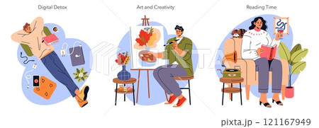 Wellness activity set featuring digital detox, artistic hobbies, and cozy reading moments for relaxation. Simplified lifestyles portrayed with warmth. Vector illustration. 121167949