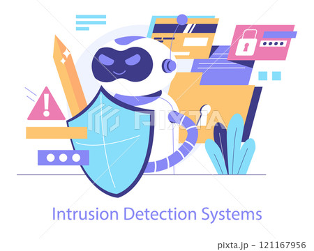 AI Cybersecurity concept. A friendly robot with a shield symbolizes advanced intrusion detection systems. Network protection and digital safety. Vector illustration. 121167956