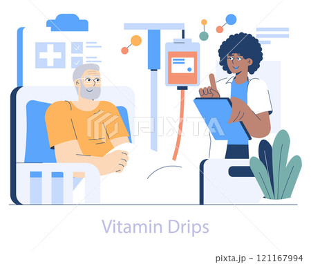 Longevity Clinic concept. Elderly patient receives vitamin drip as nurse monitors treatment. Health care, rejuvenation therapy, and modern medicine. Vector illustration. Longevity Clinic concept. Elderly patient receives vitamin drip as nurse monitors treatment. Health care, rejuvenation therapy, and modern medicine. Vector illustration. 121167994