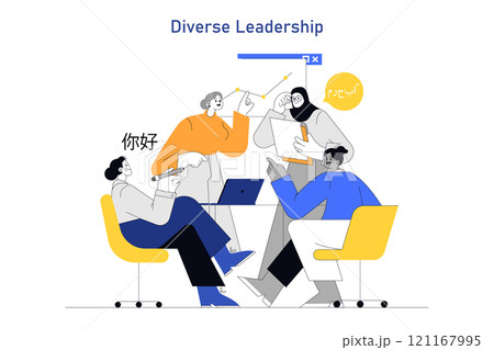 Women Leaders concept. Illustration of multiethnic female executives strategizing and collaborating. Empowerment in global business setting. Vector illustration. 121167995