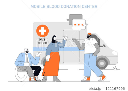 Blood Donor Day concept. Volunteers near a mobile blood donation center, promoting the importance of giving blood. Community service and health care support. Vector illustration. 121167996