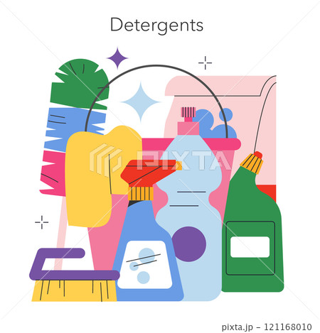 House Cleaning concept. A range of colorful detergents and cleaning tools for sparkly clean homes. Daily chore essentials in one collection. Vector illustration. 121168010