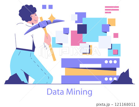 Data Mining concept. A stylized person wielding a pickaxe among abstract data blocks, representing the extraction of valuable insights. Vector illustration. 121168011