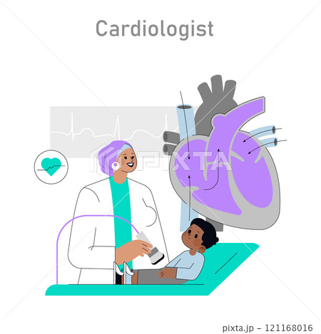 Inclusive Pediatric Cardiology Consultation concept. Child patient engages with a caring cardiologist beside a giant heart model. Education on heart health. Vector illustration. Inclusive Pediatric Cardiology Consultation concept. Child patient engages with a caring cardiologist beside a giant heart model. Education on heart health. Vector illustration. 121168016