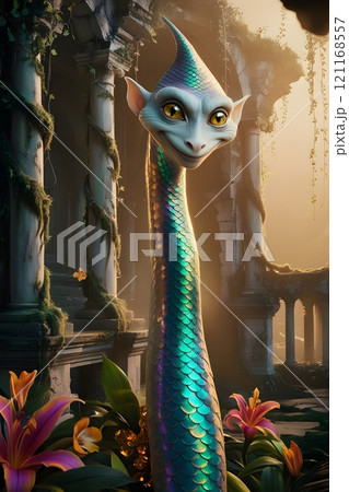 A mischievous, chameleon-like creature blending into a background of colorful enchanted ruins 121168557